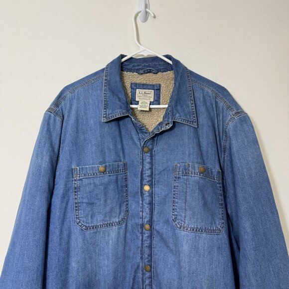 L.L.Bean Denim Shirt Jacket Mens Size XL Sherpa Lined Snap Front Traditional Fit - Picture 2 of 6